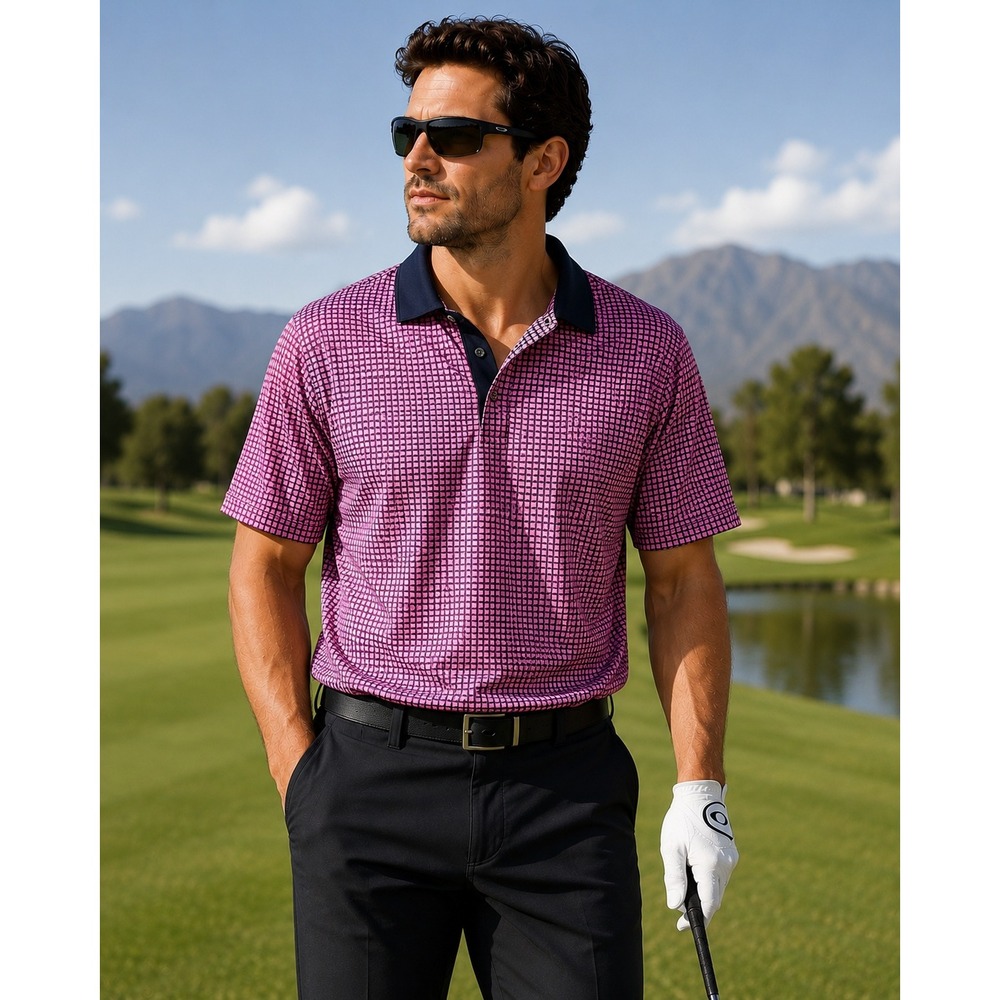 MAELREG Performance Polo Geometric Print Golf Shirt Mens XL Pink Navy Athletic‎